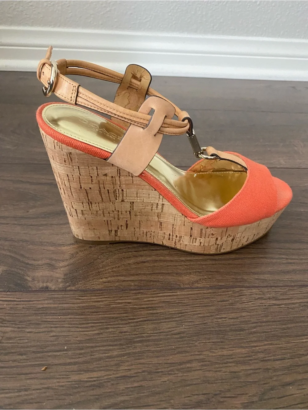 Coach Orange Canvas Cork Wedge Sandals with Tan Leather Straps